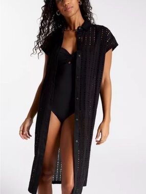 Calia Black Women's Eyelet Button-Front Swim Cover-Up